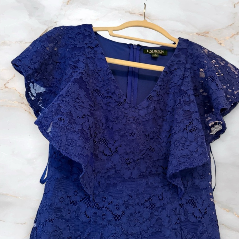Lauren Ralph Lauren Blue Lace Cocktail Dress Flutter Sleeve Sheath Size 0 - Picture 2 of 8